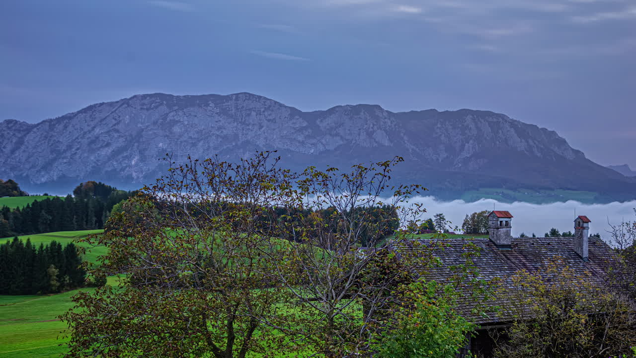 Panoramic natural environment landscape austria alps green meadow mountain drone flying by autumnal landscape central european time lapse, motion wide shot