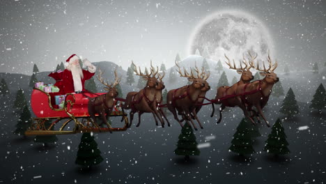 animation of snow falling over christmas santa claus in sleigh with reindeer