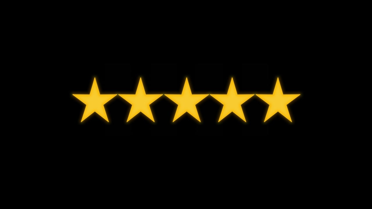 Five glowing golden stars black background soft halo light and clean rating style review customer