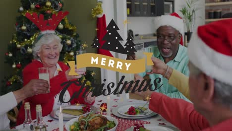 Animation-of-christmas-greetings-text-over-senior-diverse-friends-at-christmas-meal-table