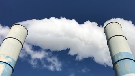 nubes blancas de humo de dos chimeneas industriales contra un cielo azul.