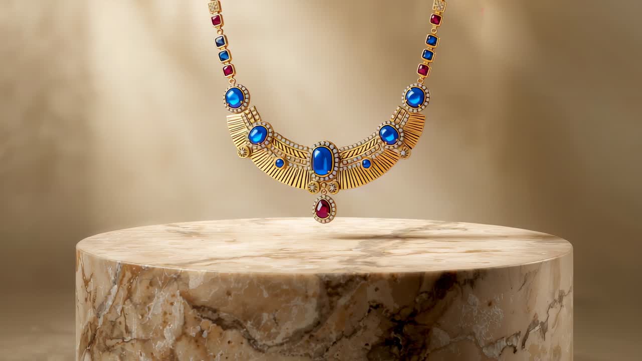Shifting lights revealing gold necklace with blue and red gems above pedestal in shop showing depth