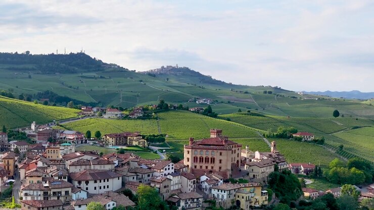 Ampia prospettiva aerea del borgo di Barolo e del suo storico castello immersi tra dolci colline di vigneti