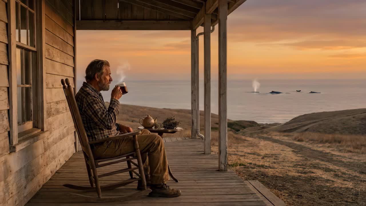 Uomo che si rilassa con del tè sulla veranda di una baita al tramonto