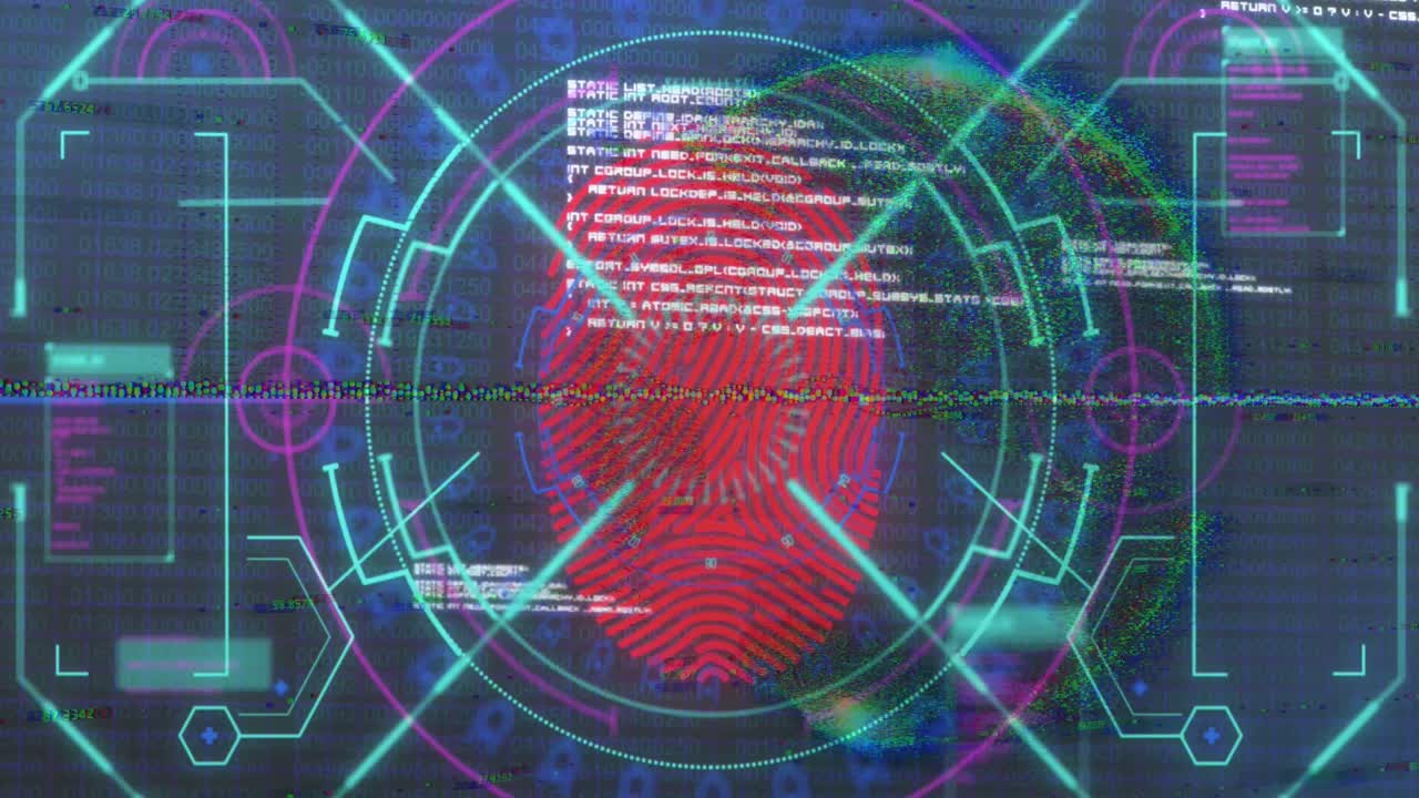 animación del procesamiento de datos y escaneo de alcance sobre escáner biométrico de huellas dactilares y globo.