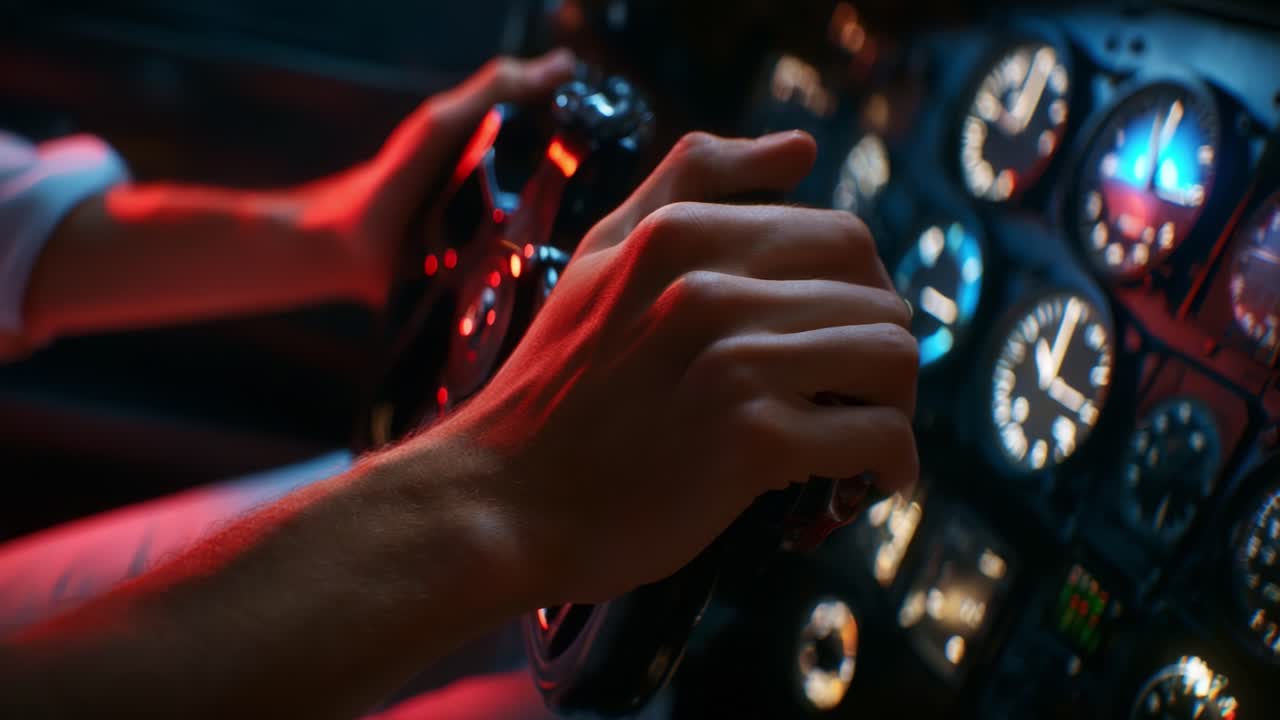 A Close-Up of Hands Gripping a Control Wheel Inside a Cockpit, Surrounded by Illuminated Instrument Panels and dials, Capturing the Intensity of Flight as Machines Power On and Navigation Becomes Key