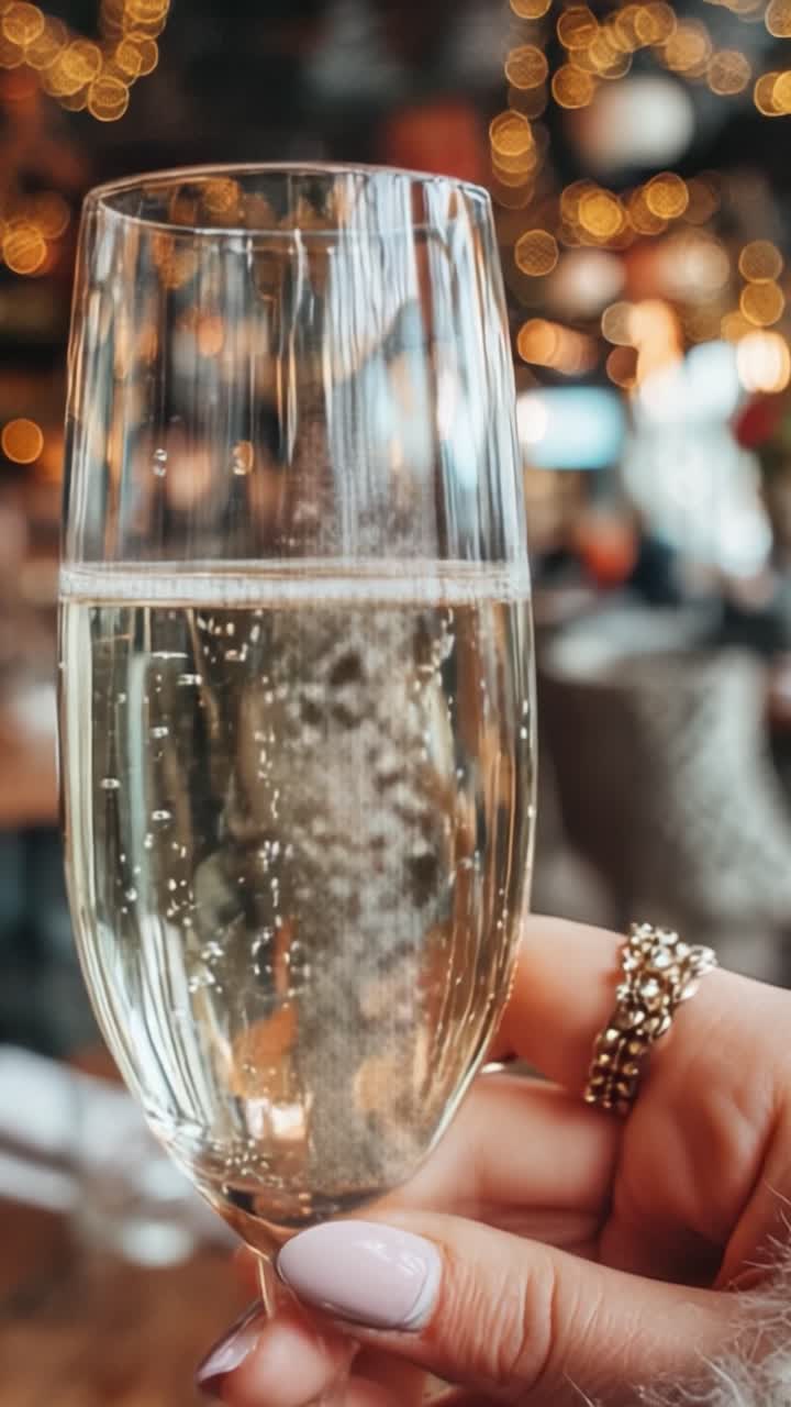 Brindisi celebrativo con champagne frizzante in un'atmosfera festosa evidenziata da luci bokeh scintillanti, che simboleggia gioia e momenti speciali.