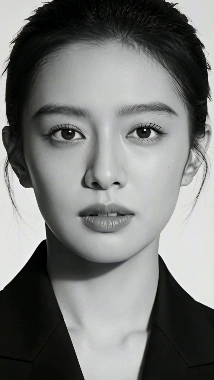 Vertical video: Shooting Asian woman blinking turning gaze locking stare in studio in dark blazer