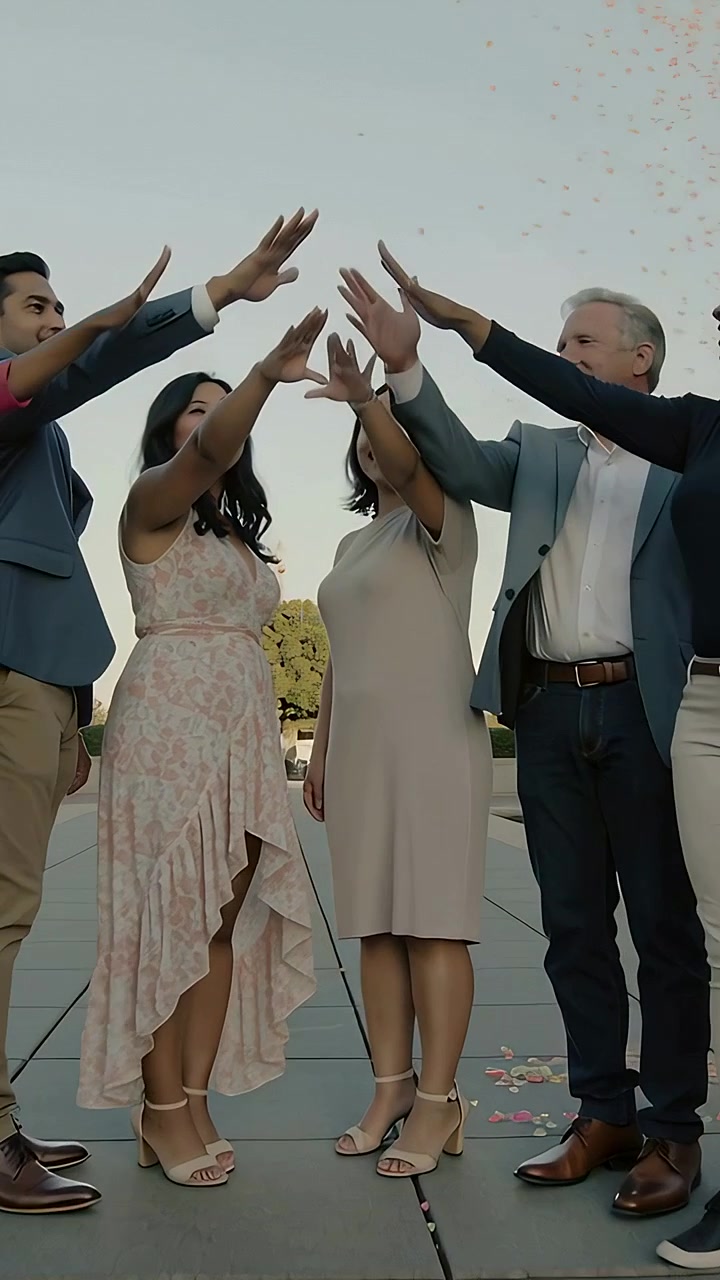 Vertical video: Confetti sparking group in formal wear celebrating, joining hands overhead at plaza