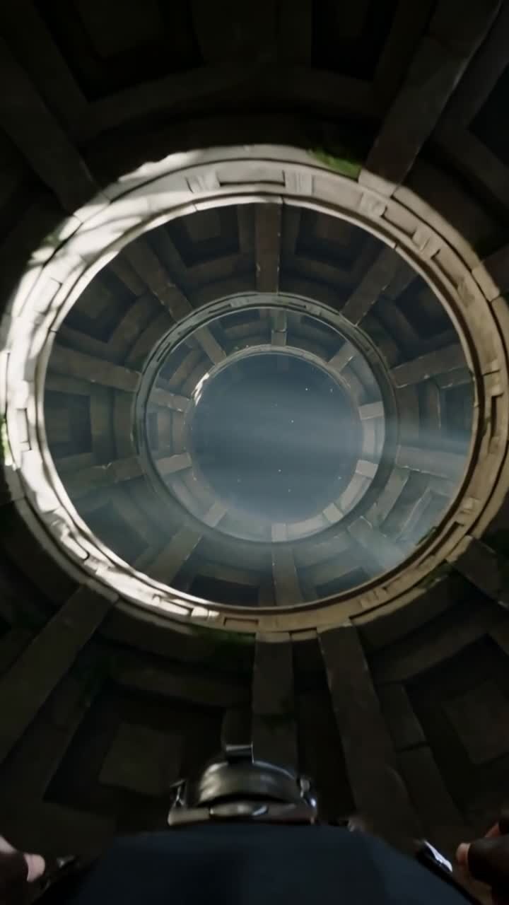 Vertical video: Straightening explorer scanning upward in rotunda with helmet and moss to view sky