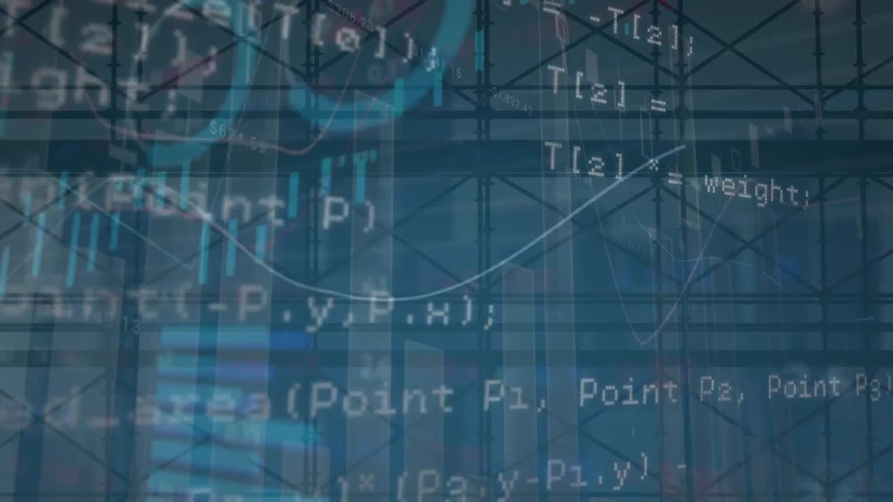 Animation of computer language over multiple graphs and loading circles against abstract background