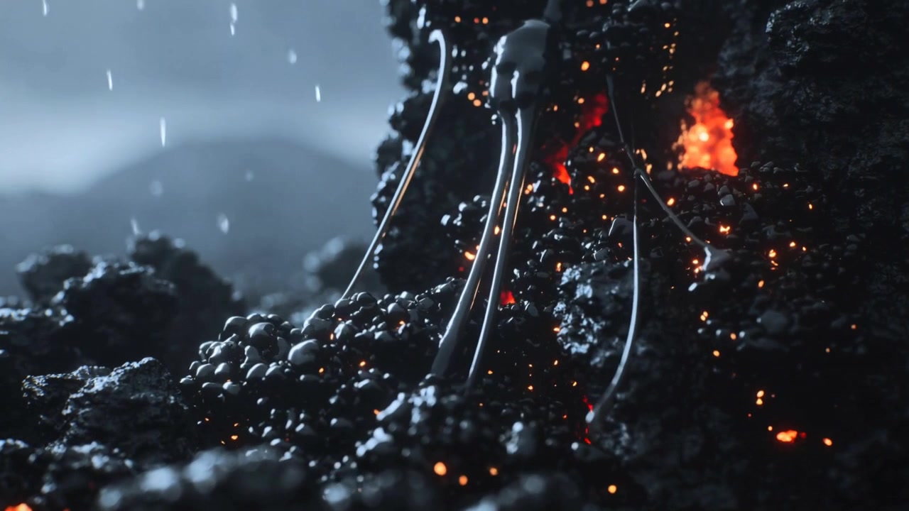 Showing lava rock shedding molten ribbons on hillside, falling rain causing dripping