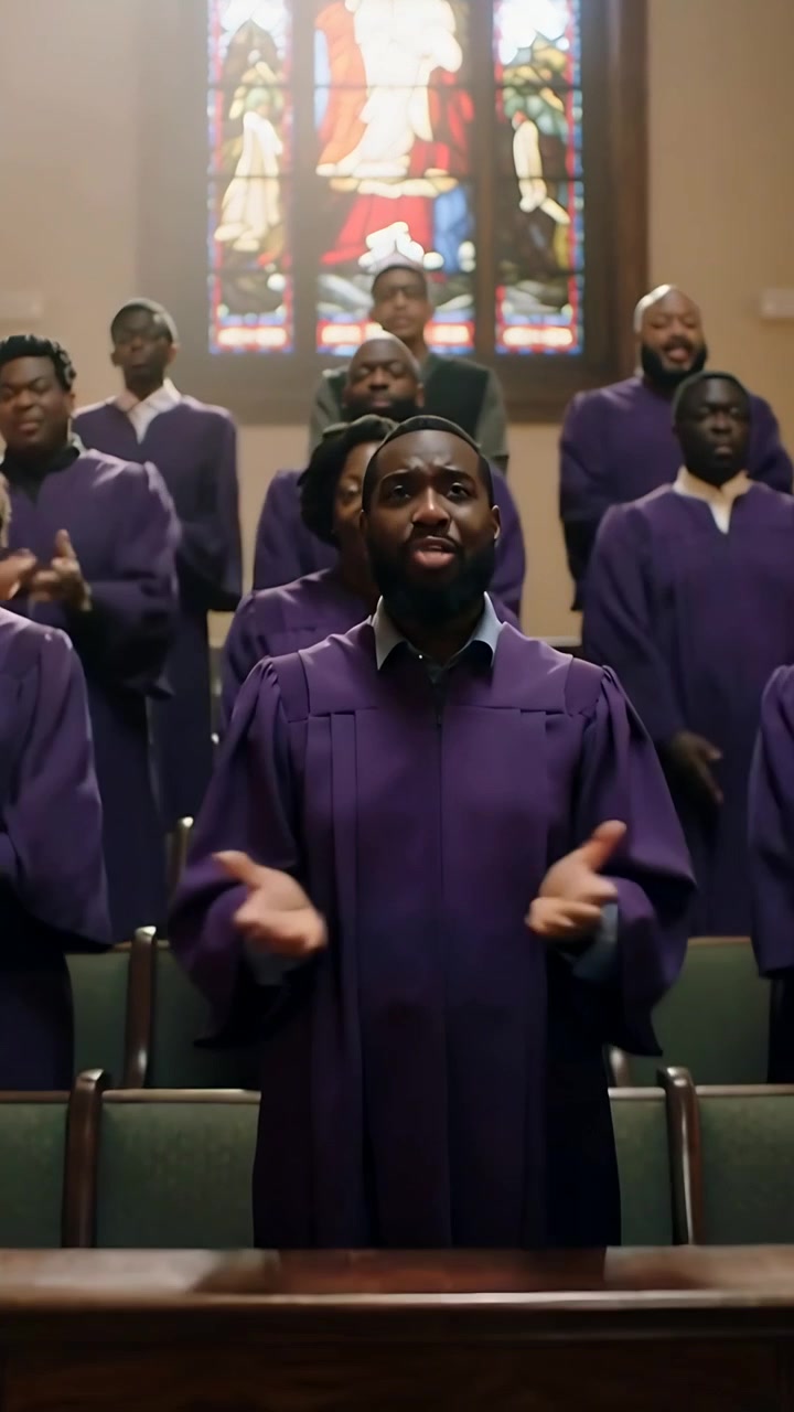Video verticale: La telecamera zooma su un coro con tuniche viola che applaude e canta per il culto, con vetrate colorate.