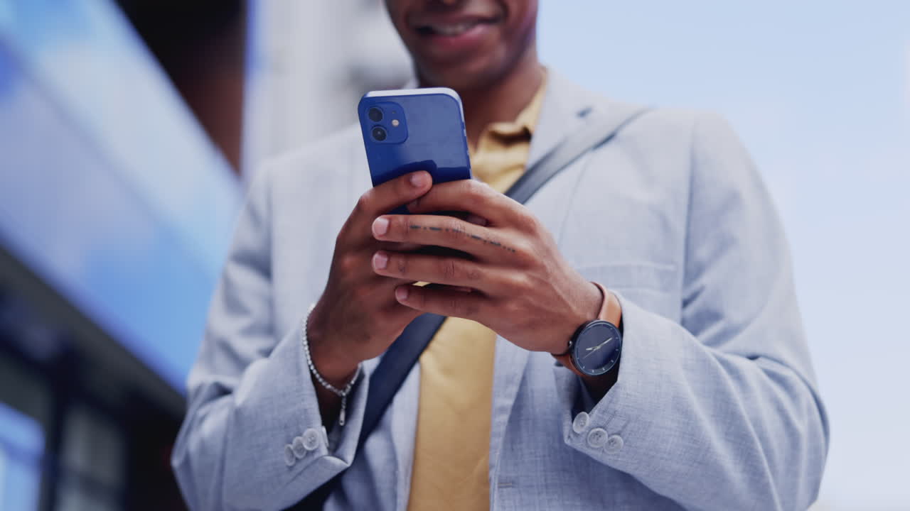Phone typing, hands and black man smile
