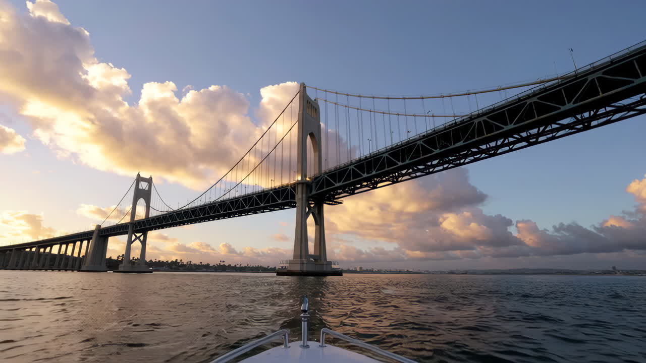 Panoramic View of a Large Suspension Bridge from a Boat at Sunset