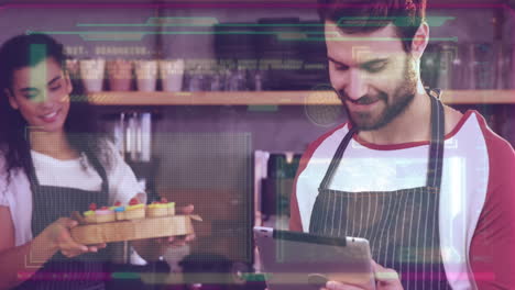 animación de lenguaje de programación sobre hombre caucásico usando tableta y mujer con cupcakes en una cafetería