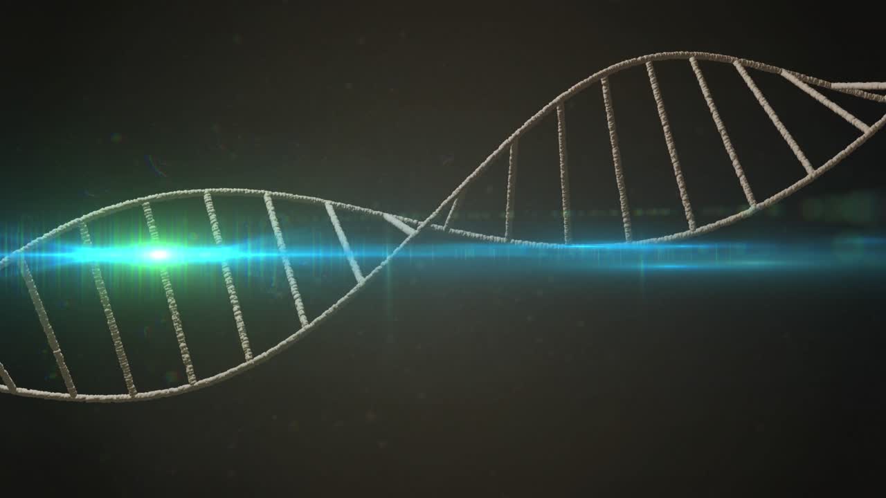 회전하는 dna 구조와 검은 바탕에 반이는 파란색 빛 점의 애니메이션