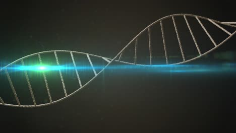 Animation-of-spinning-dna-structure-and-glowing-blue-light-spot-against-black-background