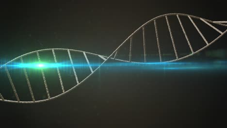 animación de la estructura de adn giratoria y el punto de luz azul brillante contra un fondo negro