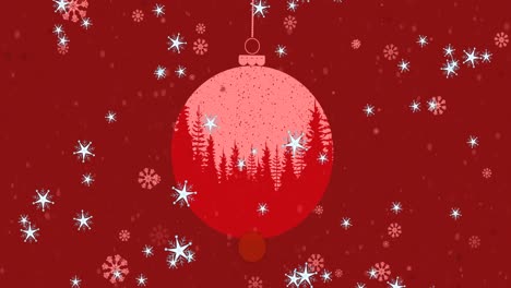 multiple snowflakes and stars icons falling over hanging bauble decoration on red background