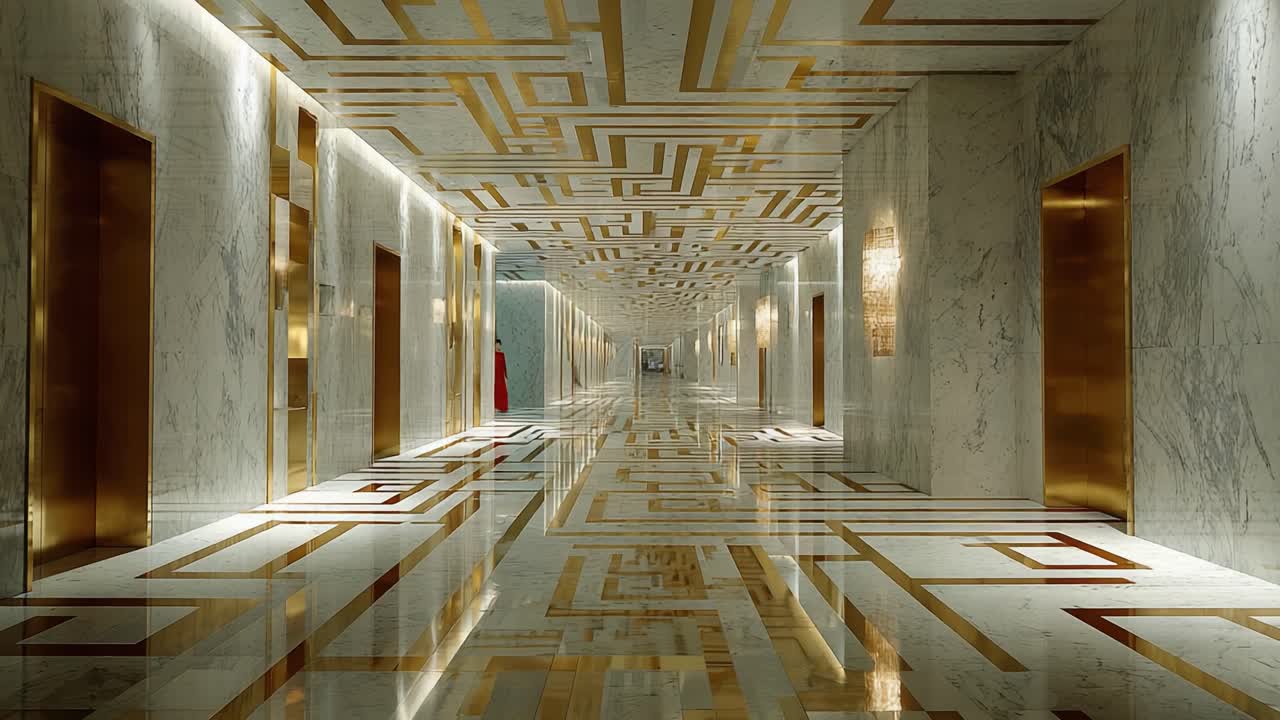 A Stunning Corridor with Elegant Marble Flooring and Golden Accents, Capturing the Allure of Modern Architectural Design in a Luxurious Environment