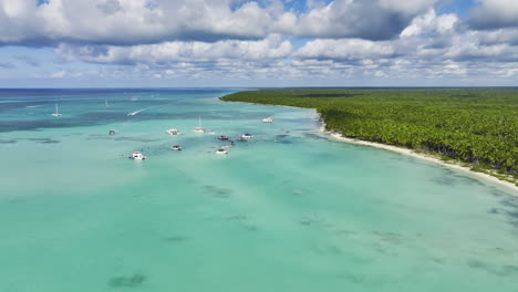 barcos de lujo con personas disfrutando en las aguas poco profundas de la isla de saona en la república dominicana