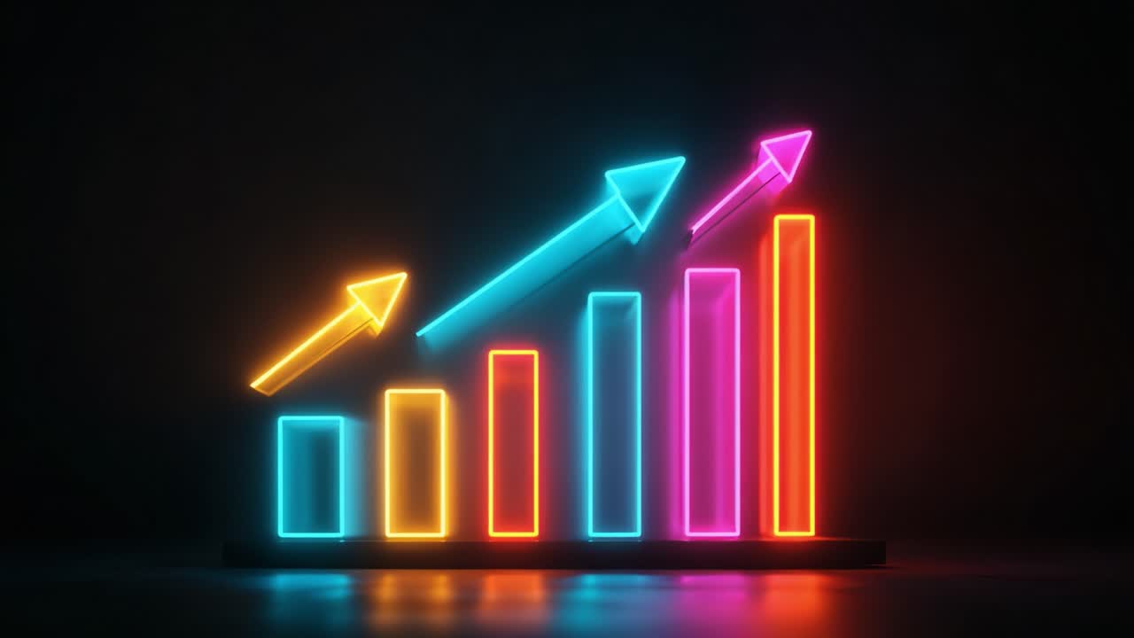 A vibrant, neon representation of rising bar graphs with dynamic arrows symbolizing growth, progress, and success illustrated against a dark background in a captivating visual format