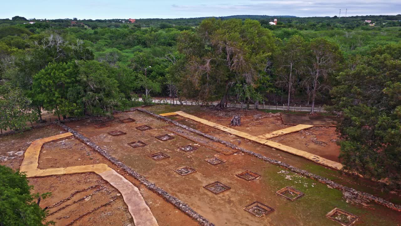 Ruins of La Isabela archaeological site, Dominican Republic. Aerial forward