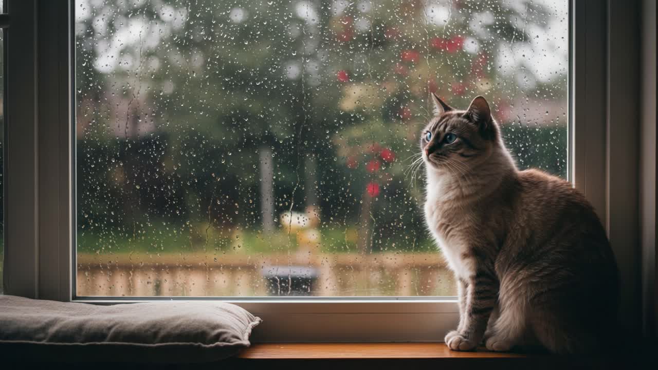 Cat sitting on a windowsill looking out a rainy window