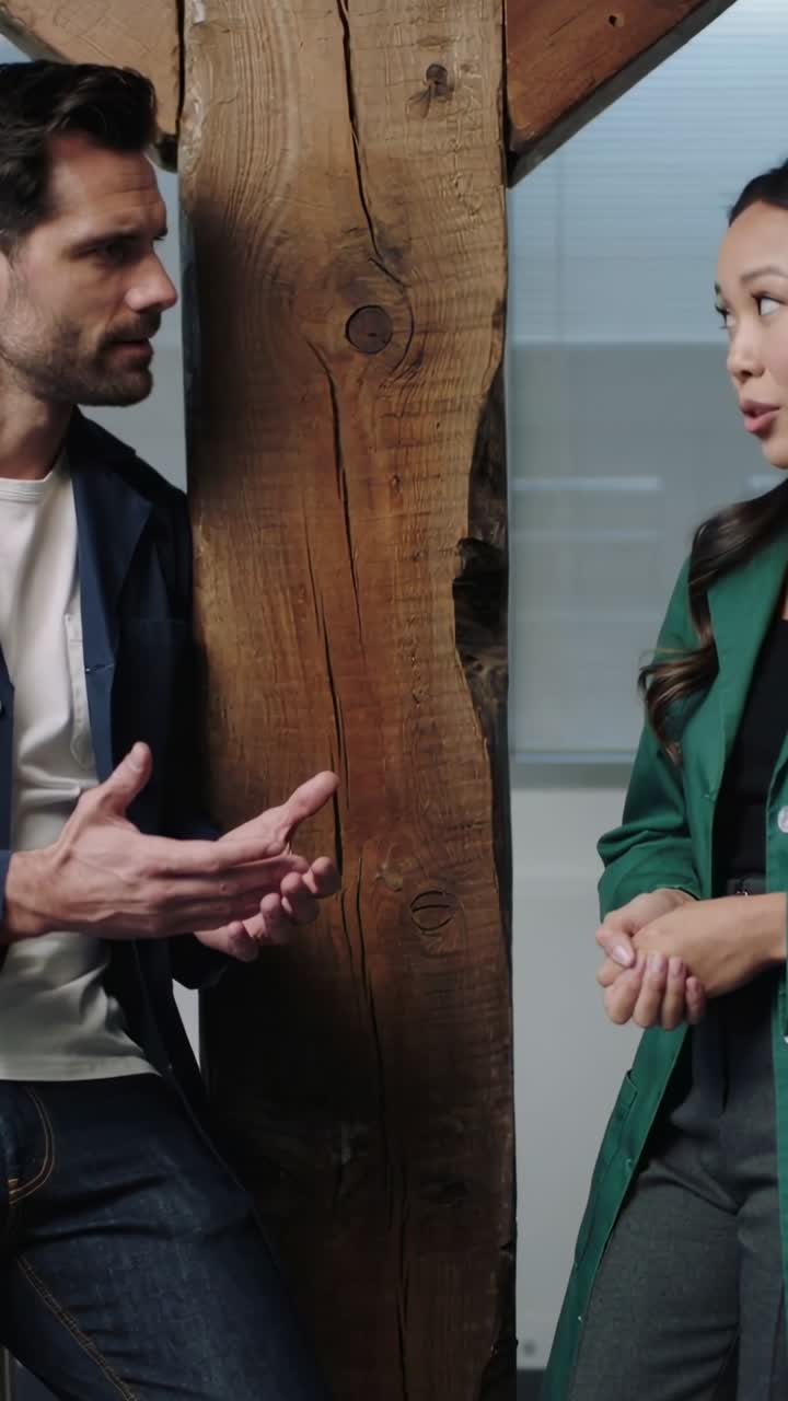 Video verticale: Uomo in giacca che parla, donna in blazer che risponde per discutere un progetto in ufficio per posta