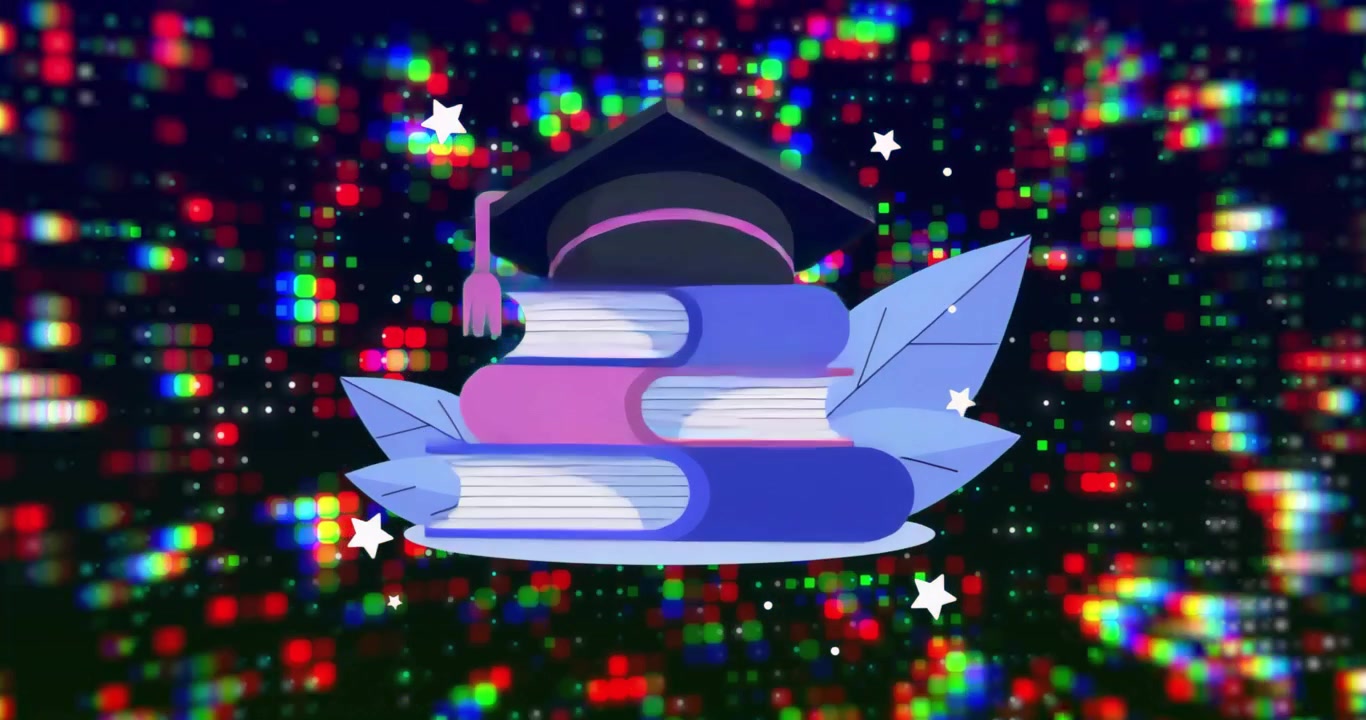 Blocchi di pixel glitchati che pulsano dietro una pila statica di libri di laurea con tocco, per un contrasto digitale.