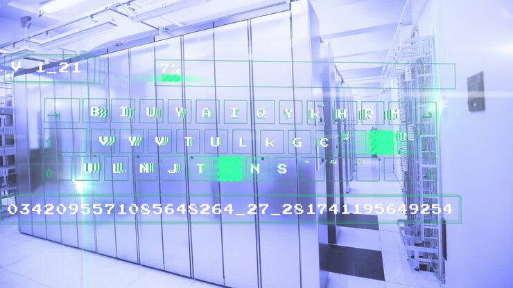 Animation of data processing and keyboard over server room