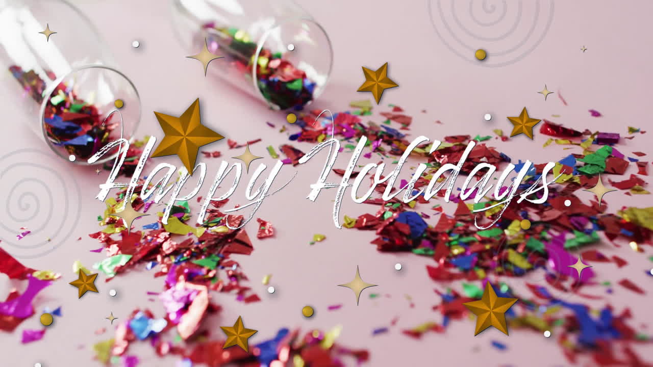 Animation of happy holidays text over stars and confetti