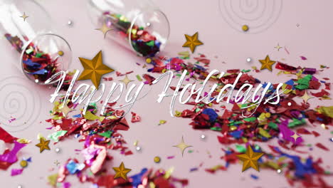 animation of happy holidays text over stars and confetti