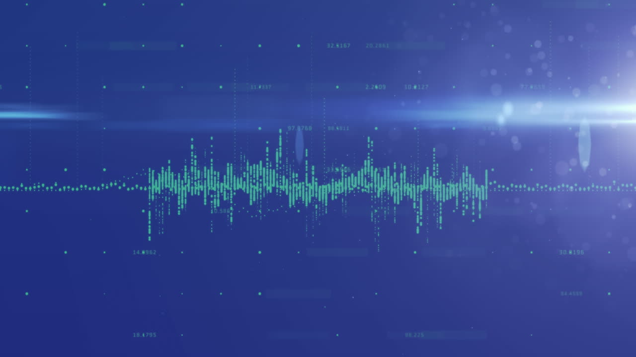 Animation of data processing with stock market and light spots over blue background