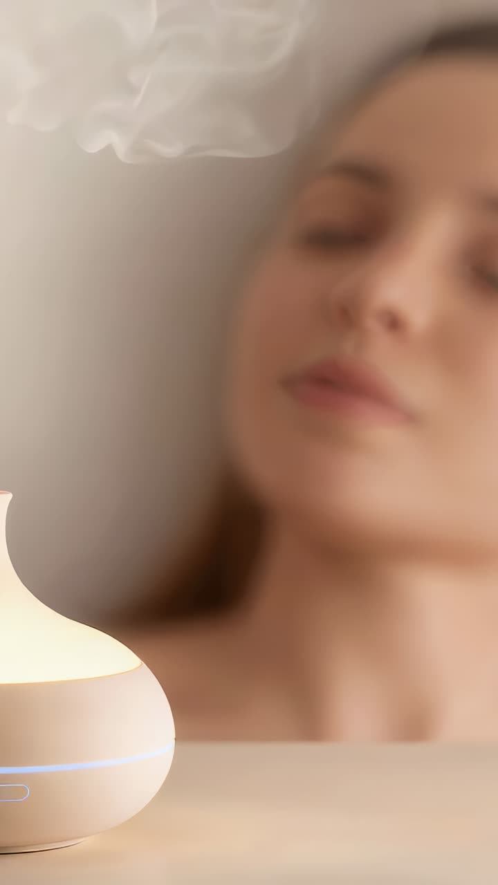 Vertical video: Starting diffuser emitting mist, reclining woman in nightwear in bedroom for rest