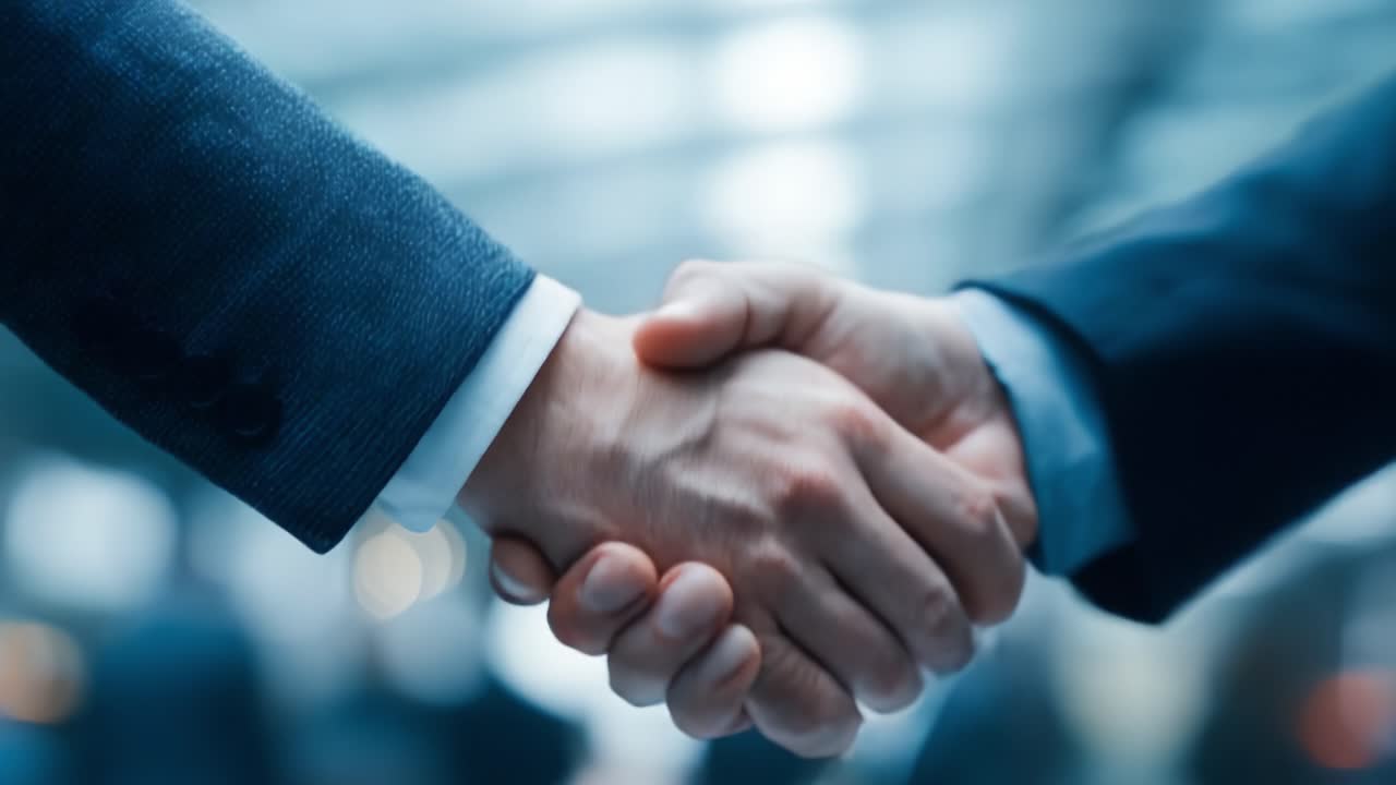 Una stretta di mano professionale che cattura l'essenza della collaborazione, della fiducia e dell'accordo, a simboleggiare la conclusione formale di un affare o di una partnership tra due persone in un ambiente aziendale