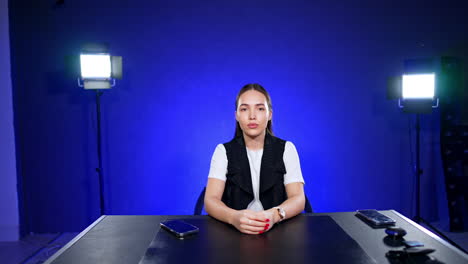 caucasian girl sits at the table with a serious face expression at blue backdrop. lights are on behind the blogger. footage in studio.