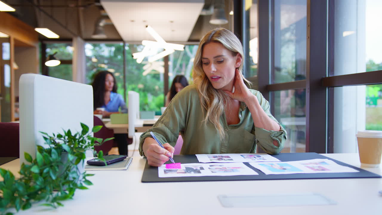 Mature Businesswoman Sitting At Desk In Office Approving Or Checking Proofs Or Design Layouts