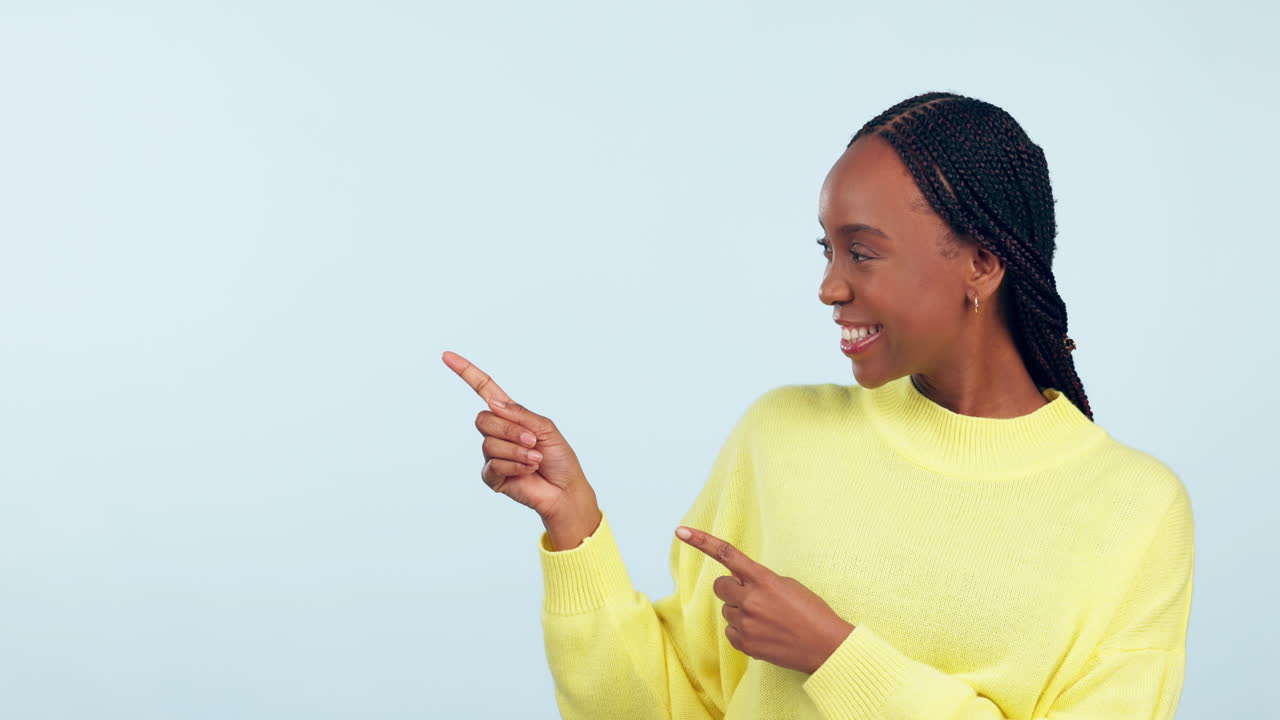 Face, advertising mockup and black woman point