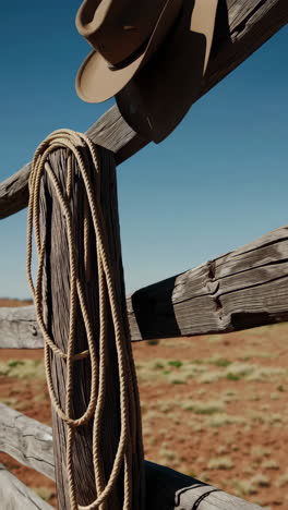 cowboy hat and rope on a wooden fence post