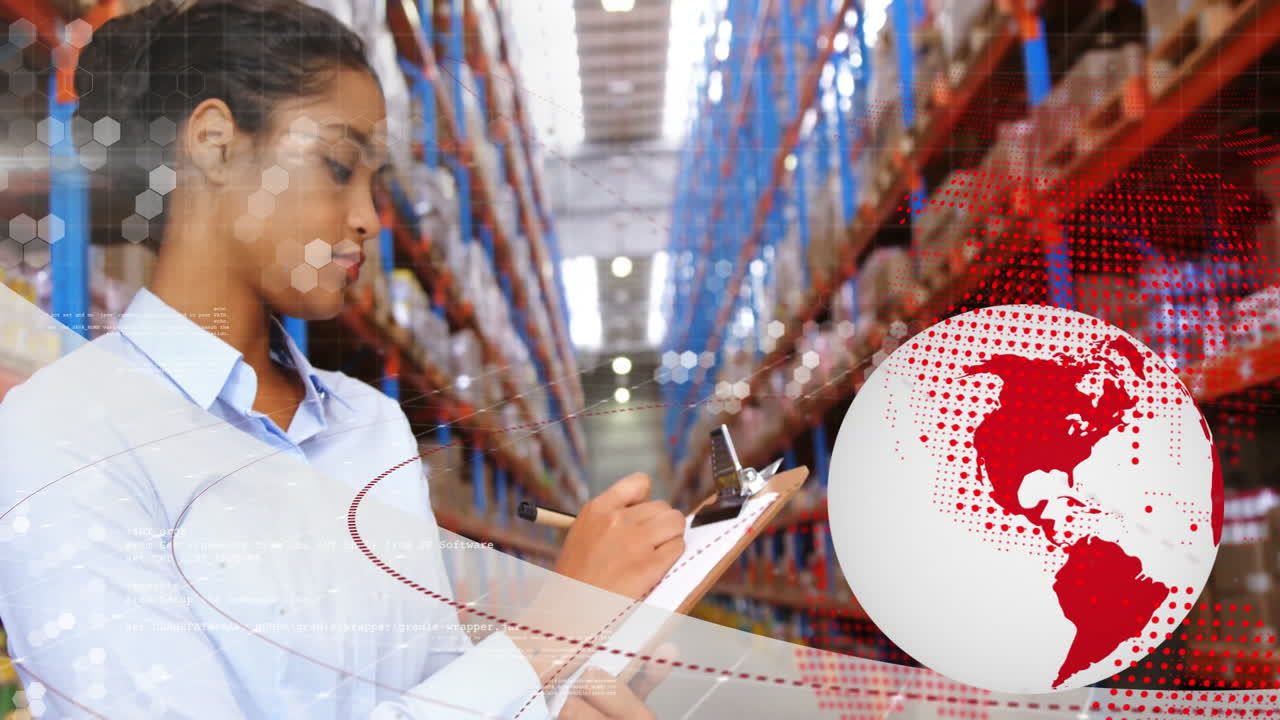 Warehouse worker checking inventory with digital globe and data overlay animation