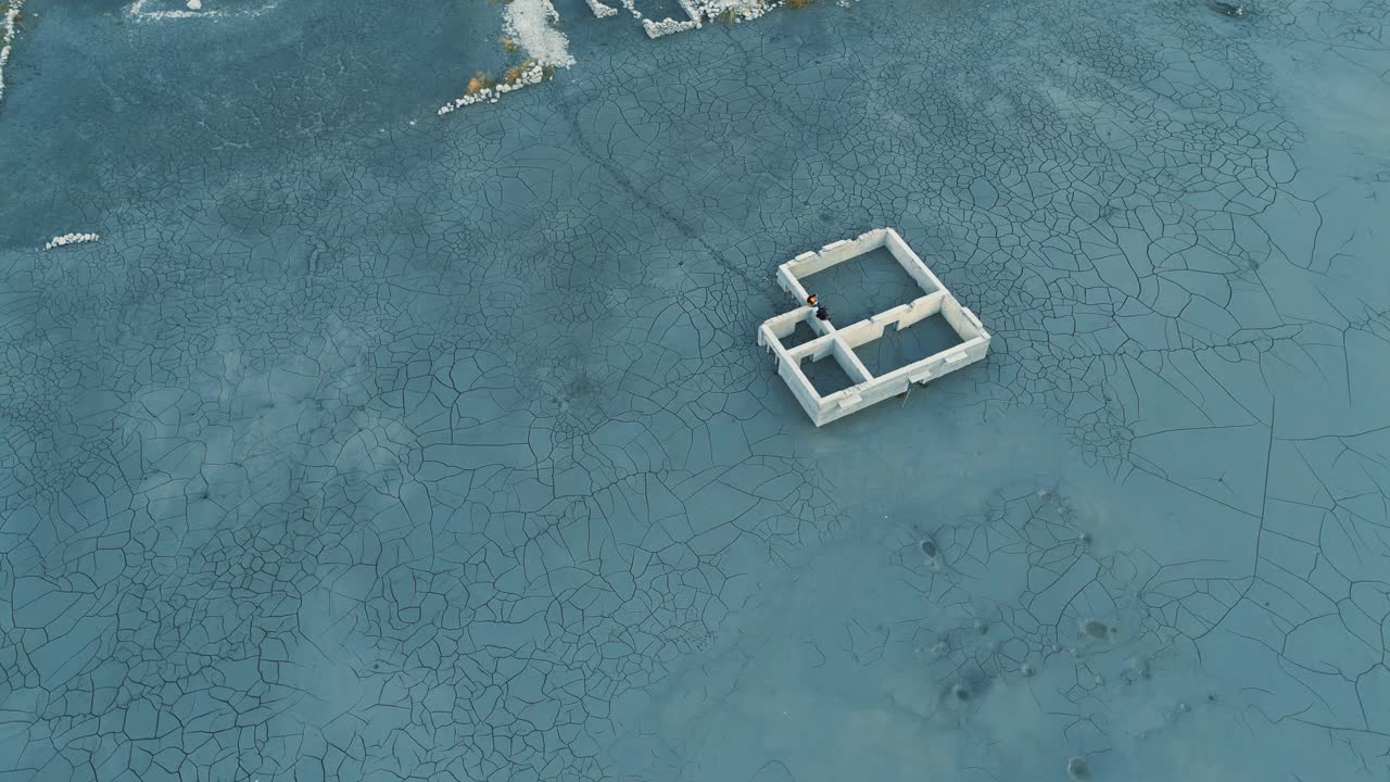 Solitary Figure in Abandoned Building on Cracked Earth