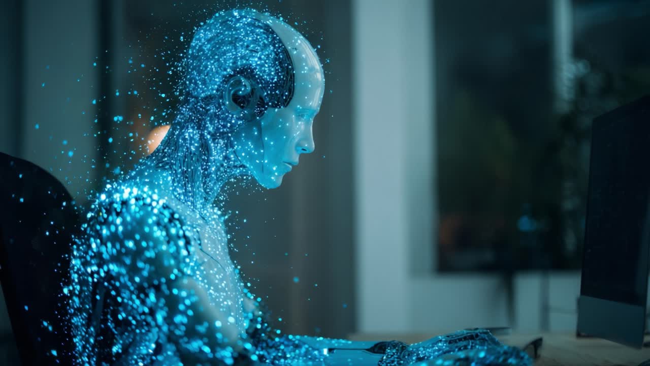 Un essere digitale futuristico impegnato nel lavoro, circondato da particelle luminose che simboleggiano l'integrazione di tecnologia e intelligenza umanoide