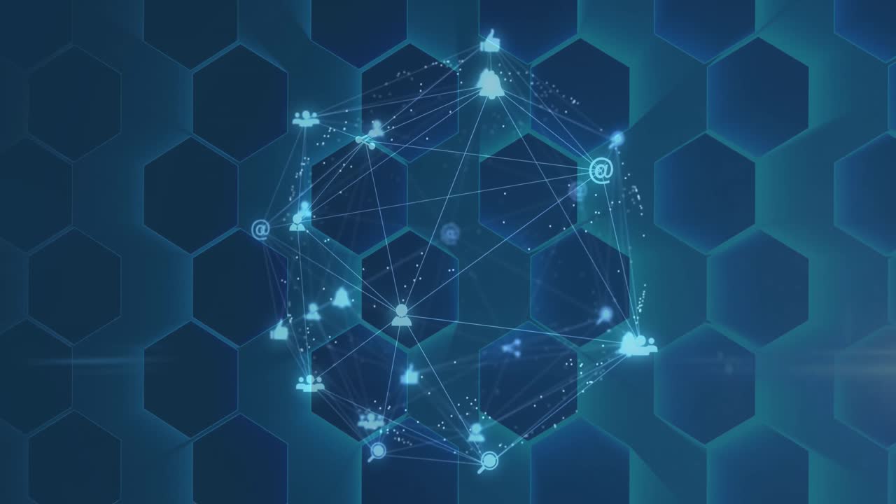 Animation of globe of network of connections with icons over blue hexagons