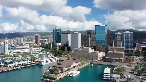 reverse pullback aerial shot of downtown honolulu on the island of o'ahu, hawaii