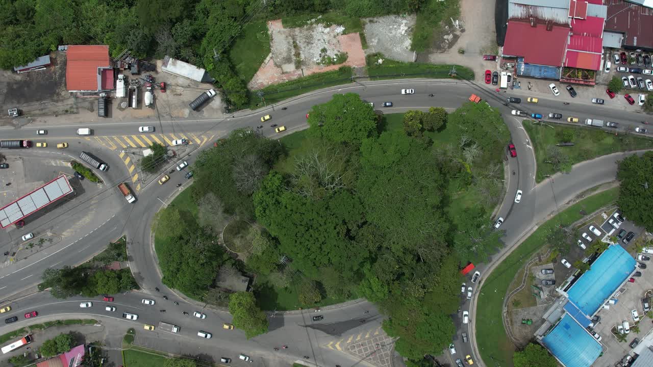 Aerial drone shot showing vehicle flow through Mirolindo roundabout in Ibagué, Tolima, Colombia on a clear day