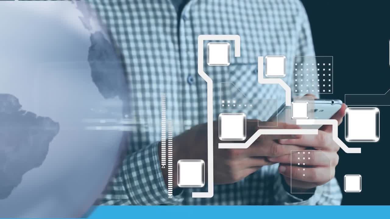 animación de la red mundial de conexiones y procesamiento de datos a través de un empresario que usa un teléfono inteligente