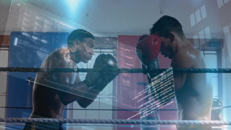 male athletes sparring in boxing ring, showcasing holographic fitness tech charts and code overlays