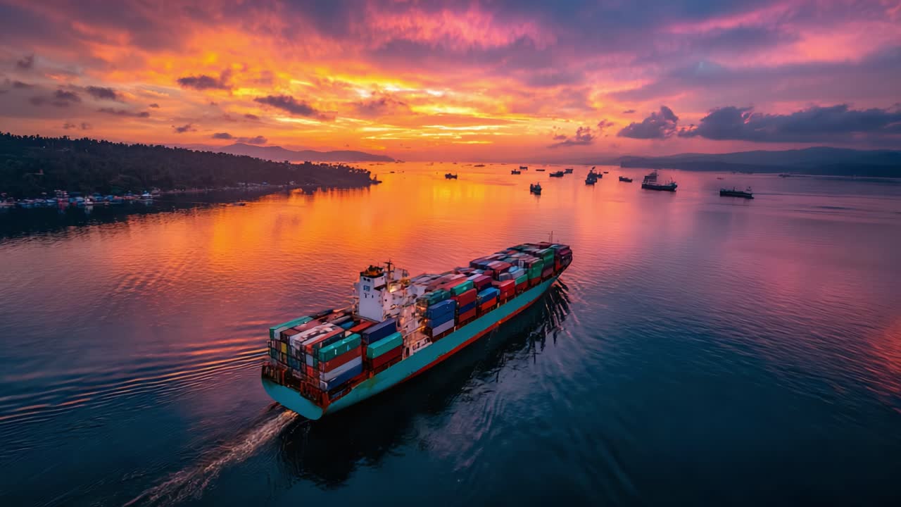 A Majestic Container Ship Navigates Through Tranquil Waters at Sunset, Surrounded by a Stunning Palette of Colors and Other Vessels On the Horizon